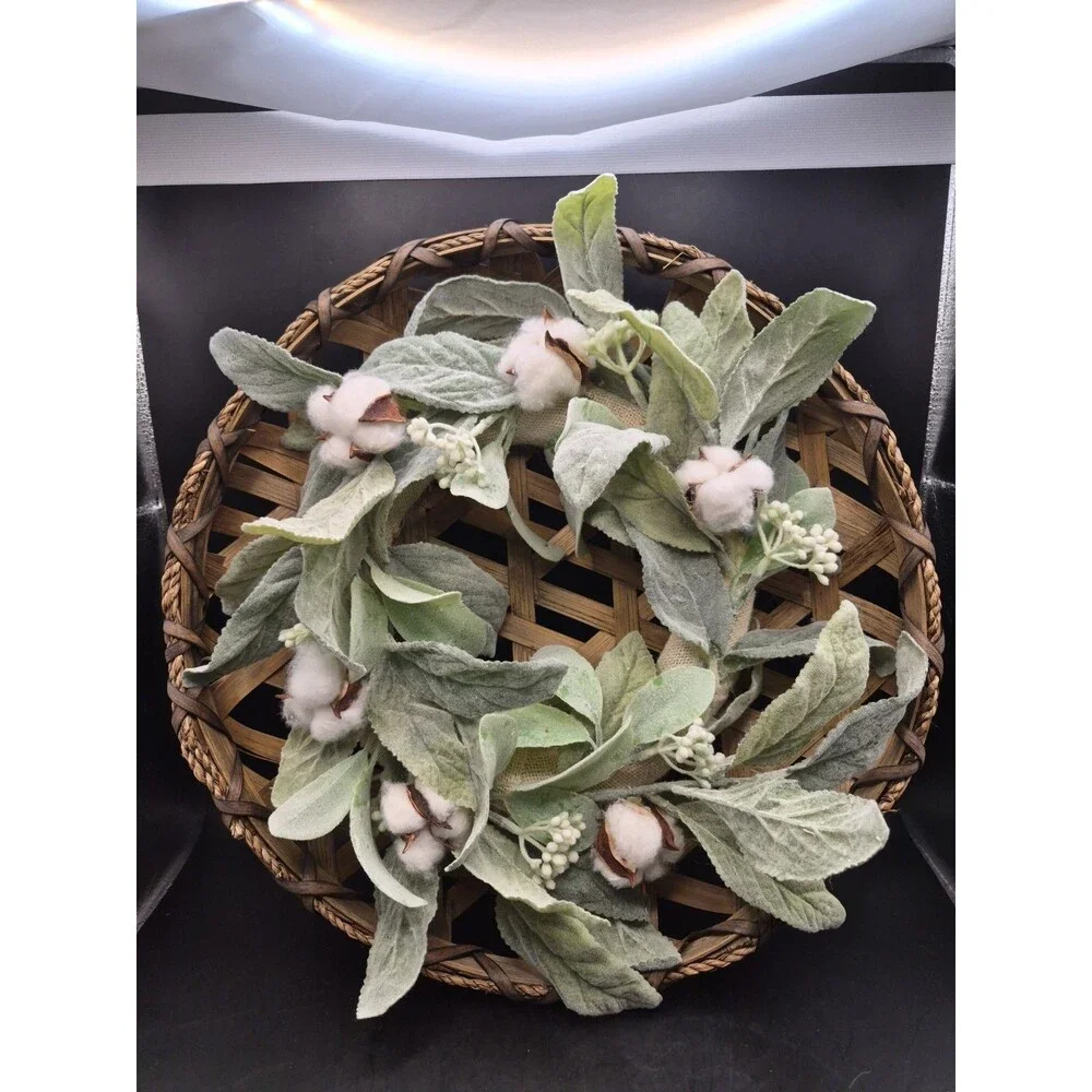 Lambs Ear Cotton Boll Front Door Wreath  18